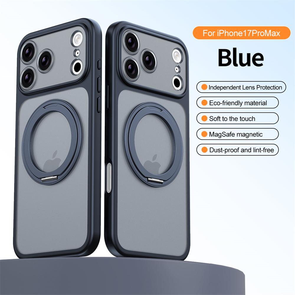 Magnetic 360°Rotation Stand TPU Case For iPhone 17 Air 16 15 14 13 Pro Max With Ring Holder Frosted Transparent PC Matte Cover