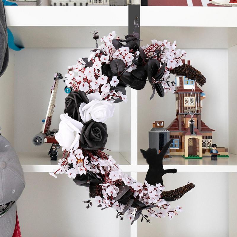 Black Roses Artificial Flowers Moon Shaped Garland Cat Door Wreaths Halloween Decoration Simulation Plants Flower Wall Hangings