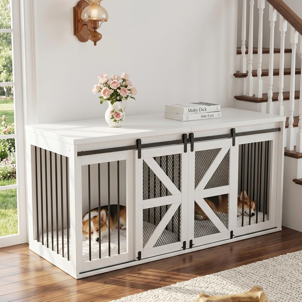 Dog Crate with Barn Door, of Metal and Fiberboard, for Two Dogs, with Fixed Middle Partition, TV Cabinet, with Sliding Doors, White, 160 x 60 x 75 cm