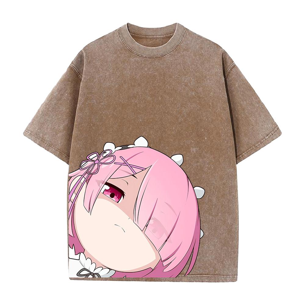 Manga Re:ZERO Ram Kawaii Printed Tee Men Women Short Sleeve Clothing Washed Cotton T-shirt Retro Casual T Shirt Harajuku Tshirt