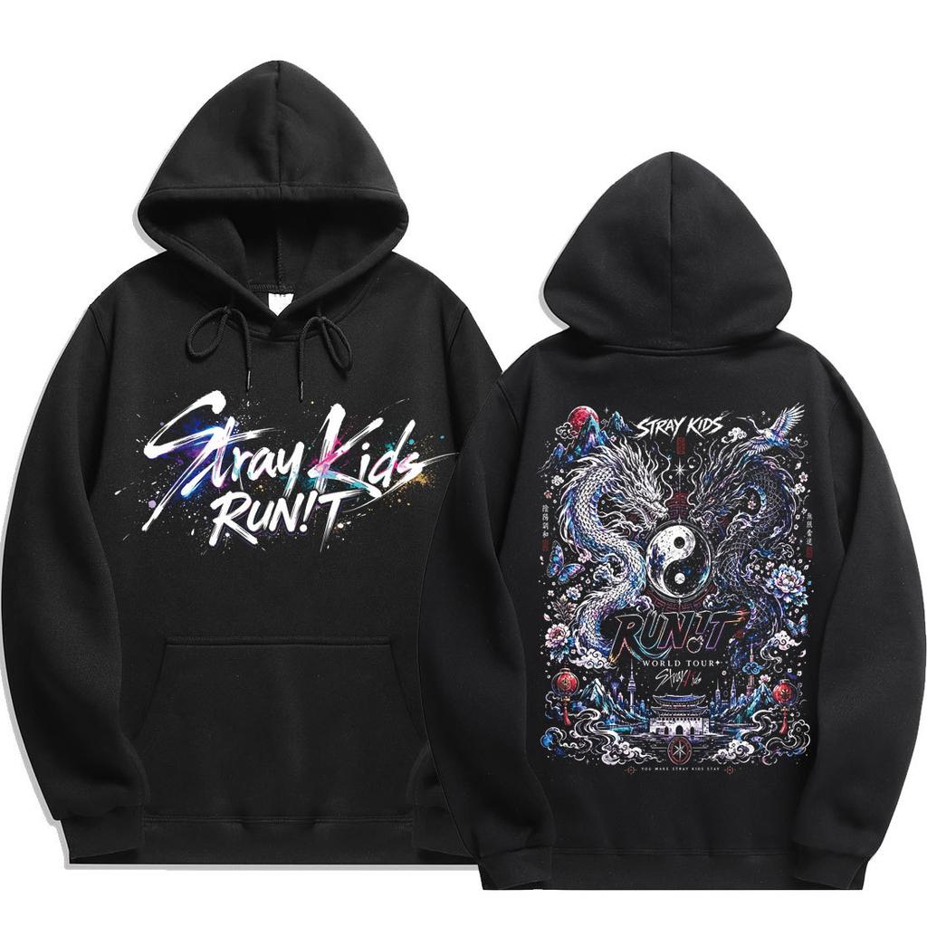 Худи Stray Kids Run‑It World Tour, Ориентальный двусторонний принт «Храм Дракона и Журавля», Оверсайз, Свитшот для фанатов K‑pop