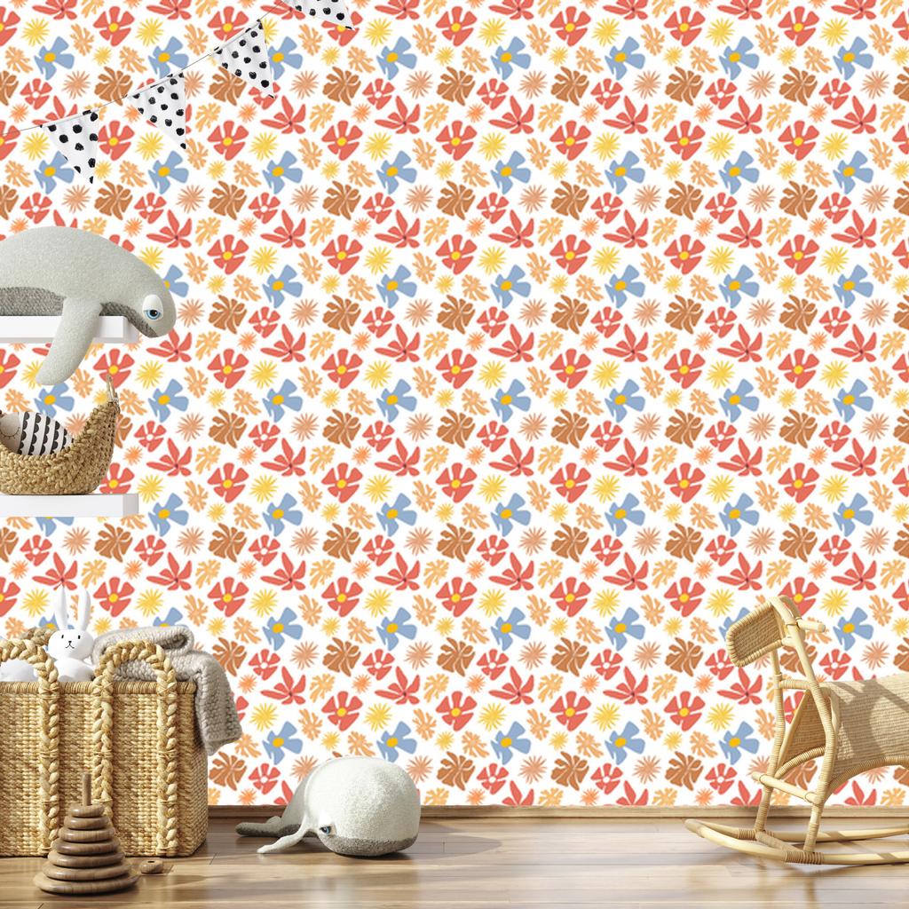 Wallpaper Flowers White, Cream and Coral for Living Room and Bedroom 50x1000