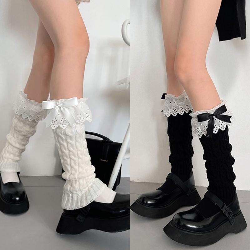 Women Autumn Ruffled Lace Bowknot Leg Warmers Japanese Lolita Twist Cable Knitted Foot Covers Student Stretch Calf Socks