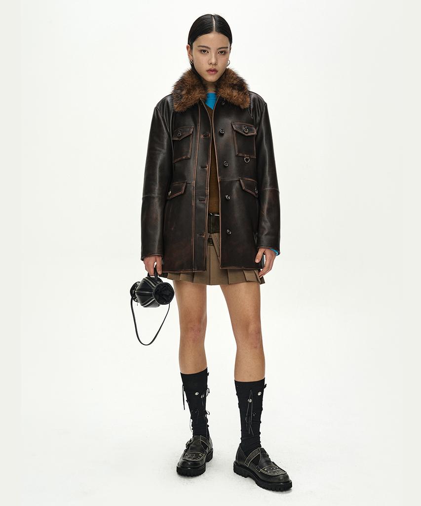 ADSB ANDERSSON BELL Fur Collar Field Leather Jacket (Brown)
