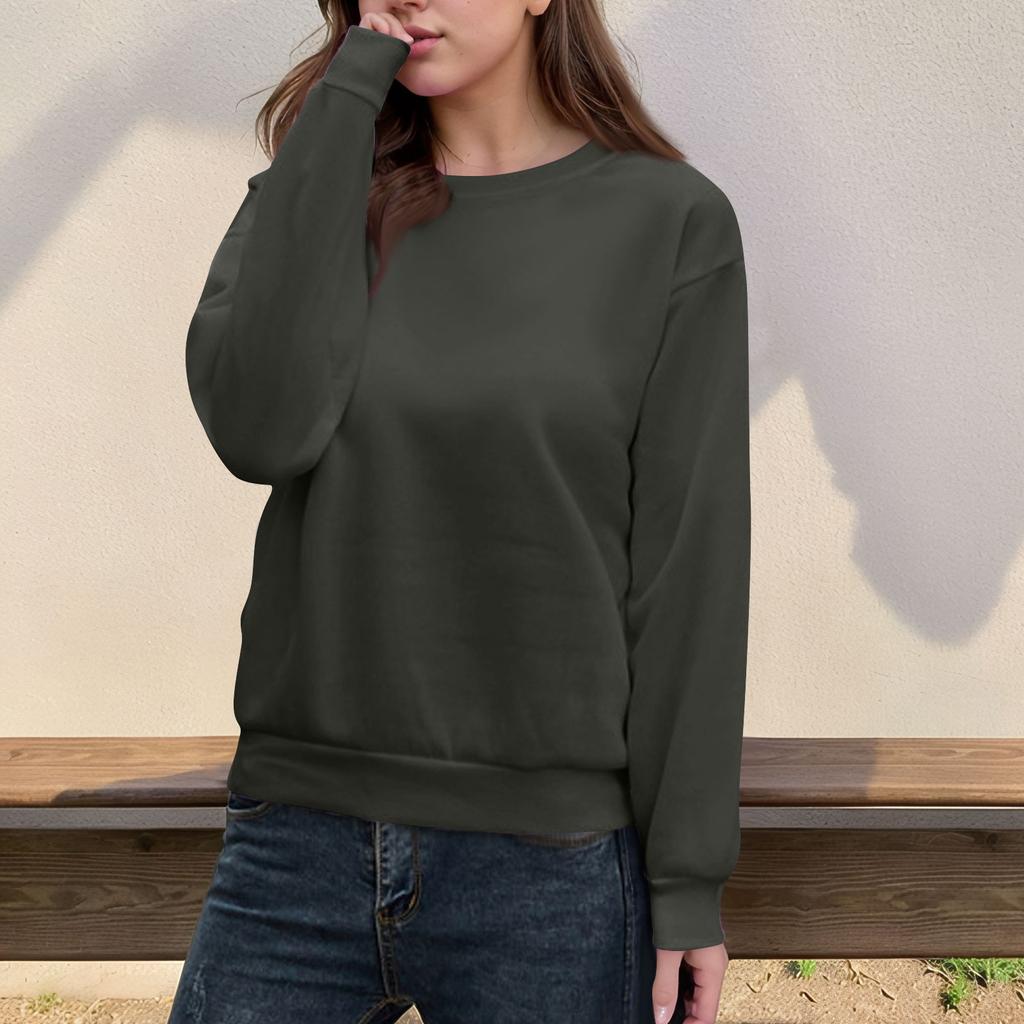 Women's Casual Fashion Top Solid Color Round Neck Long Sleeve Pullover Top