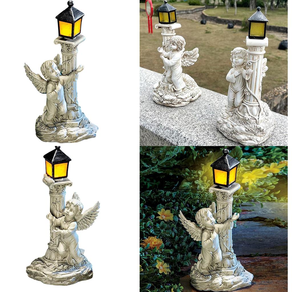 Resin Roman Colum Angel Statue with Solar Lights Ornament Outdoor Garden Waterproof Figurine Solar Glowing Lamp Decors