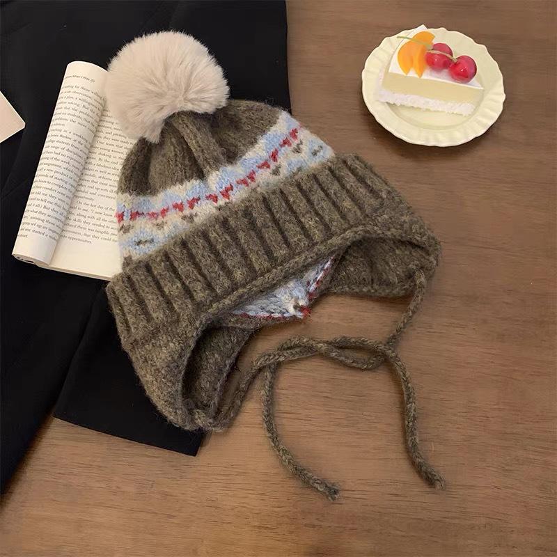 Женская вязаная шапка-бини с ушками в стиле Fair Isle - Теплая толстая шапка для осени и зимы