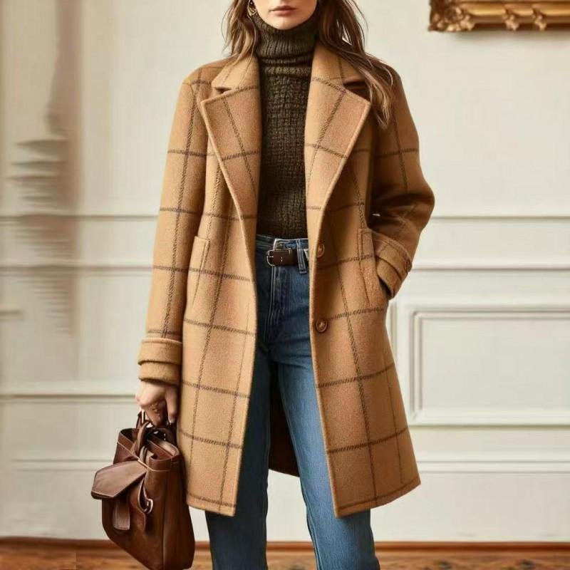Womens Vintage Plaid Mid-Length Wool Blend Coat Casual Loose Fit Turn-Down Collar Jacket