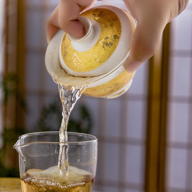 Jade Ceramic with Enamel Color, Palace Style, Household and Office Tea Set, Large Three-Talent Gaiwan