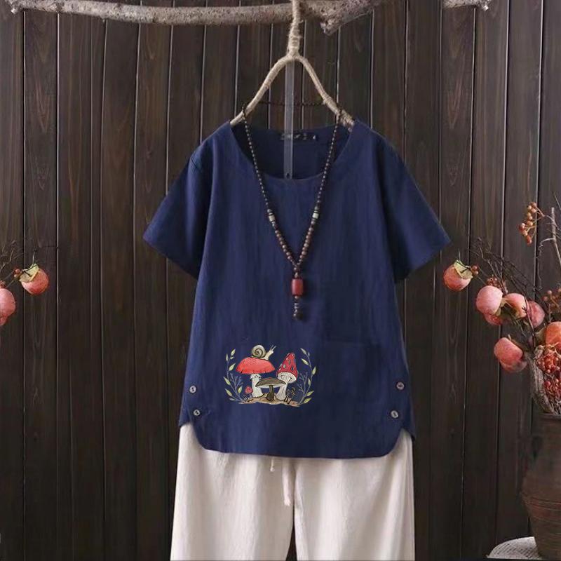Женский летний хит продаж, стильная повседневная футболка с бесплатным графическим принтом, винтажная льняная рубашка с круглым вырезом, рубашка с короткими рукавами, топ s-4xl