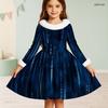 Girls High Neck Long Sleeve Printed A Line Flare Dress Blue Green Furry Trim Bow