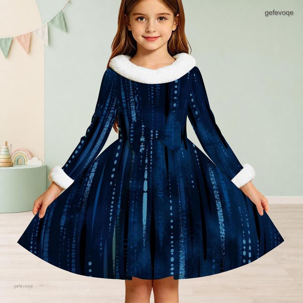 Girls High Neck Long Sleeve Printed A Line Flare Dress Blue Green Furry Trim Bow