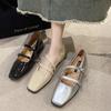 New Women  Janes Shoes French Small Square Toe Double Buckle Shallow Pumps Mid Thick Heels Dress Shoe Zapatos Mujer
