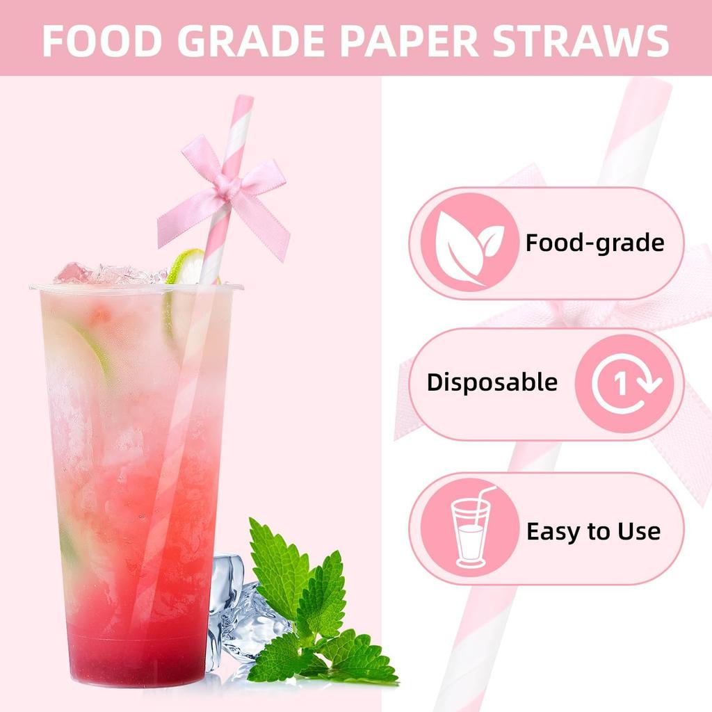 20pcs Pink Bow Straw, 7.7inch Biodegradable Cute Paper Straw, Wedding, Picnic, Birthday, Party Supplies for Juice Coffee Tea Cocktail Smoothie