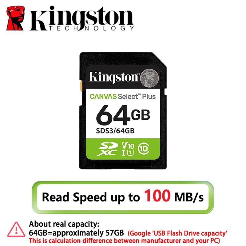 Kingston SD-карта 128 ГБ Класс 10 UHS-I U1 V10 64 ГБ 256 ГБ 512 ГБ Карта памяти До 150 МБ/с чтение SDXC Флеш-карта Canvas Select Plus для камеры