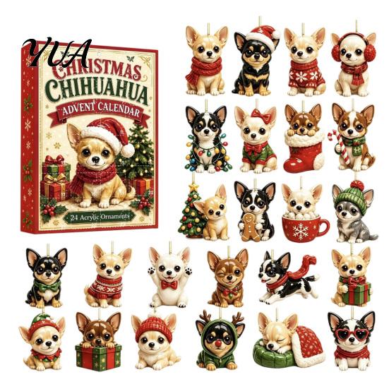 Christmas Ornament Set 24 Day Dog Advent Calendar, Cute 2D Flat Chihuahua Hanging Ornaments, Acrylic Decorations Different Pendants for Holiday