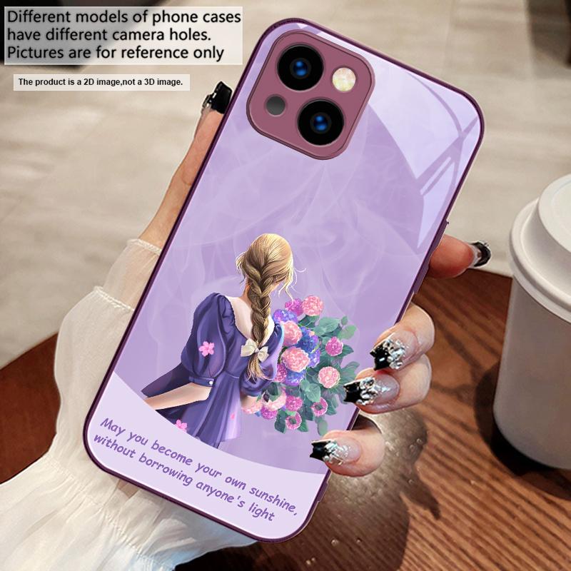 Девушка с цветами Для iPhone 17 Air 16 E 15 14 13 Plus 12 mini 11 17 Pro Max XR Xs Max 16E 7 8 Закаленное Стекло Чехол для Телефона