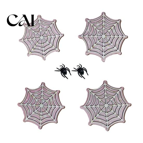 Boho Style Coffee Table Decor Halloween Spider Web Wooden Coaster, Anti-Slip Wood Cup Mat with Figurine, Heat Resistant Drink Coasters