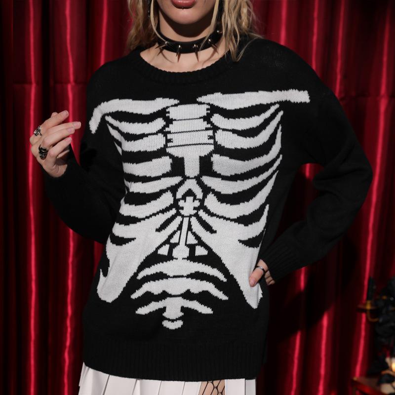 Готический свитер-пуловер женский Y2K Printed Top осень Хэллоуин свитер темный субкультура череп свободный свитер с длинными рукавами для женщин