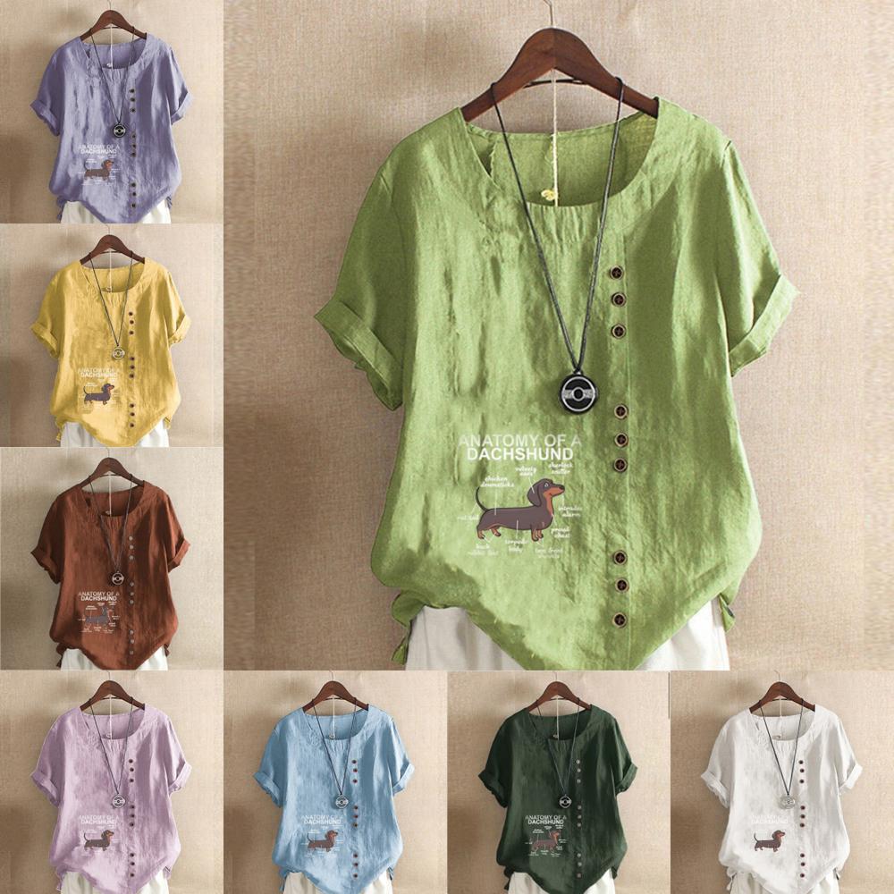 Women's Fashion Round Neck Short Sleeve T-shirt Casual Cotton Linen Graphic Shirt Letter Dog Prined Summer Blouse Tops Plus Size