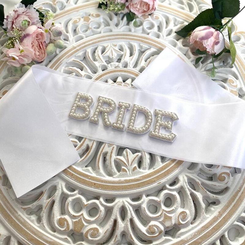 1pc Glitter Bead Bride Sash Bridal Satin Shoulder Strap Decor White Bachelorette Props Wedding Party Favors Supplies