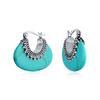 Boho Bali Style Tribal Blue Stable Turquoise Oval Half Crescent Hoop Earrings for Women Oxidized Milgrain Caviar Beads 925 Sterling Silver