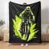 Mountain Bike Rider Green Splash Art Print Flannel Blanket Black Background Extreme Sport Graphic Soft Throw Blanket Cycling Fan Decor