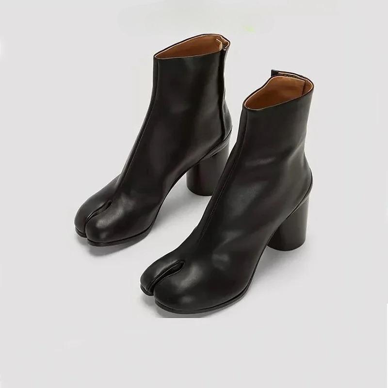 Дизайнерские Кожаные Ботильоны Модные Круглый Нос Толстый Высокий Каблук Ankle Boots Для Женщин Осень Зима Разделенный Носок Обувь