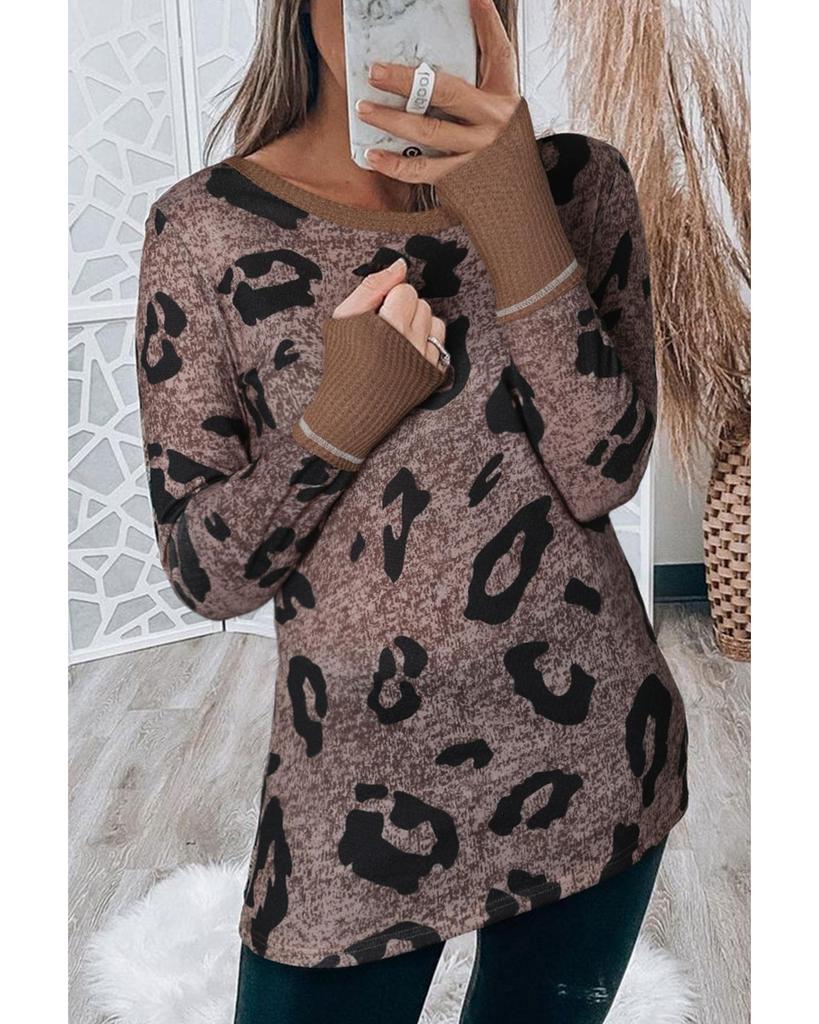 Azura Exchange Коричневый топ с леопардовым принтом и длинными рукавами и вырезом для большого пальца