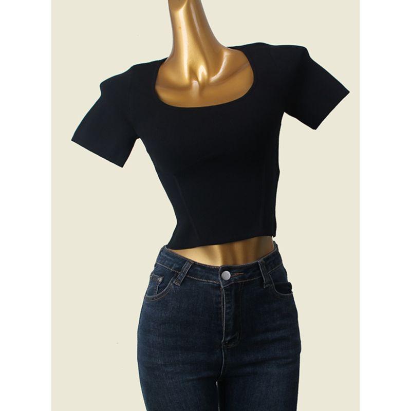 American Style Short Square Collar Sexy Knitwear Foreign Trade Original Order High Elastic Silm Slim Looking Midriff-Baring Short Sleeve T-shirt