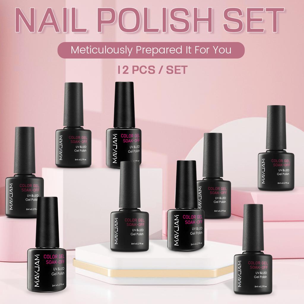 MAYJAM, 12 шт., набор гель-лаков для ногтей, 8 мл, синий, зеленый, фиолетовый, розовый, цвет кожи, УФ-гель-лак, стартовый набор, дизайн ногтей, маникюрный набор, подарки для красоты