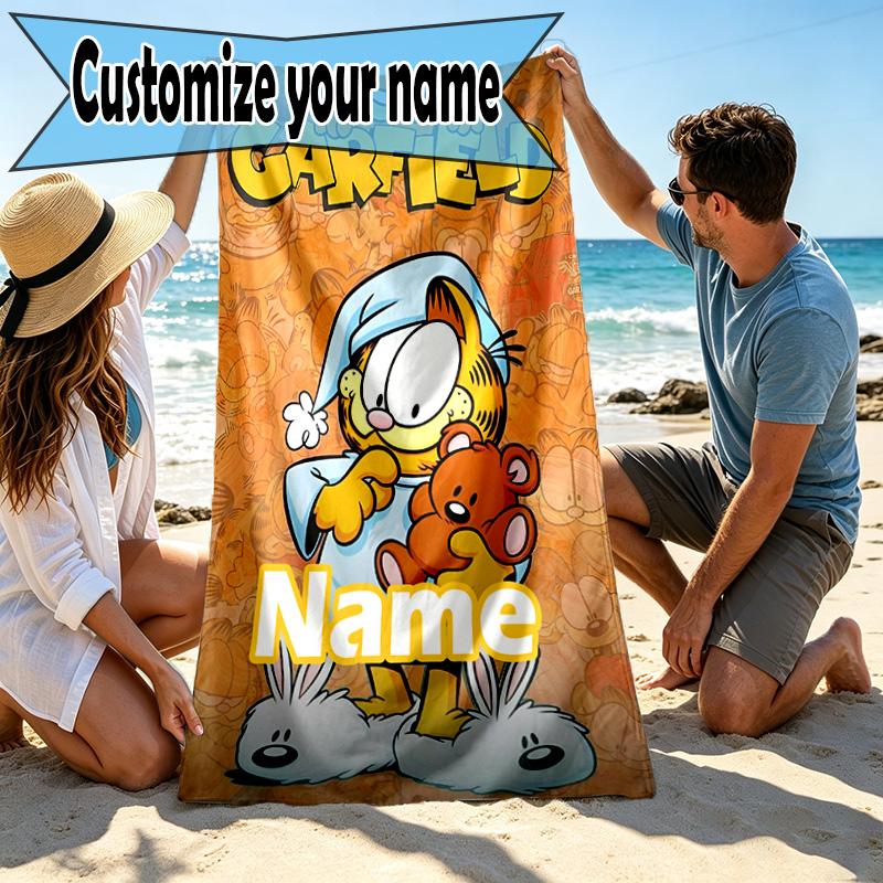Custom Name Personalized Garfield Print Beach Towel, for Trip Camping Beach Party Home Decor, Birthday Gift for Family & Friends