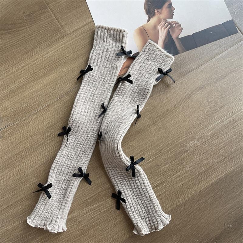 Женские Девичьи Японские Вязаные в Резинку Эластичные Гетры Сладкий Бантик Оборки Покрытие для Ног Без Стопы Длинные Носки для Сапог