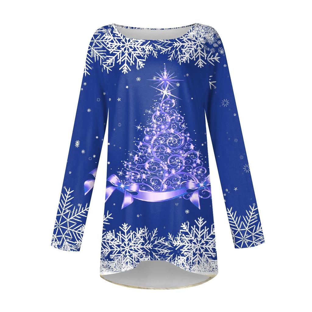 Женская модная повседневная футболка с рождественским принтом и длинным рукавом, круглый вырез, средний длинный топ