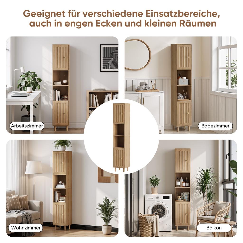 Tall Narrow Wood Storage Cabinet with Doors & Open Shelves, for Laundry Room, Balcony, Bathroom, Kitchen, Freestanding, Oak Look