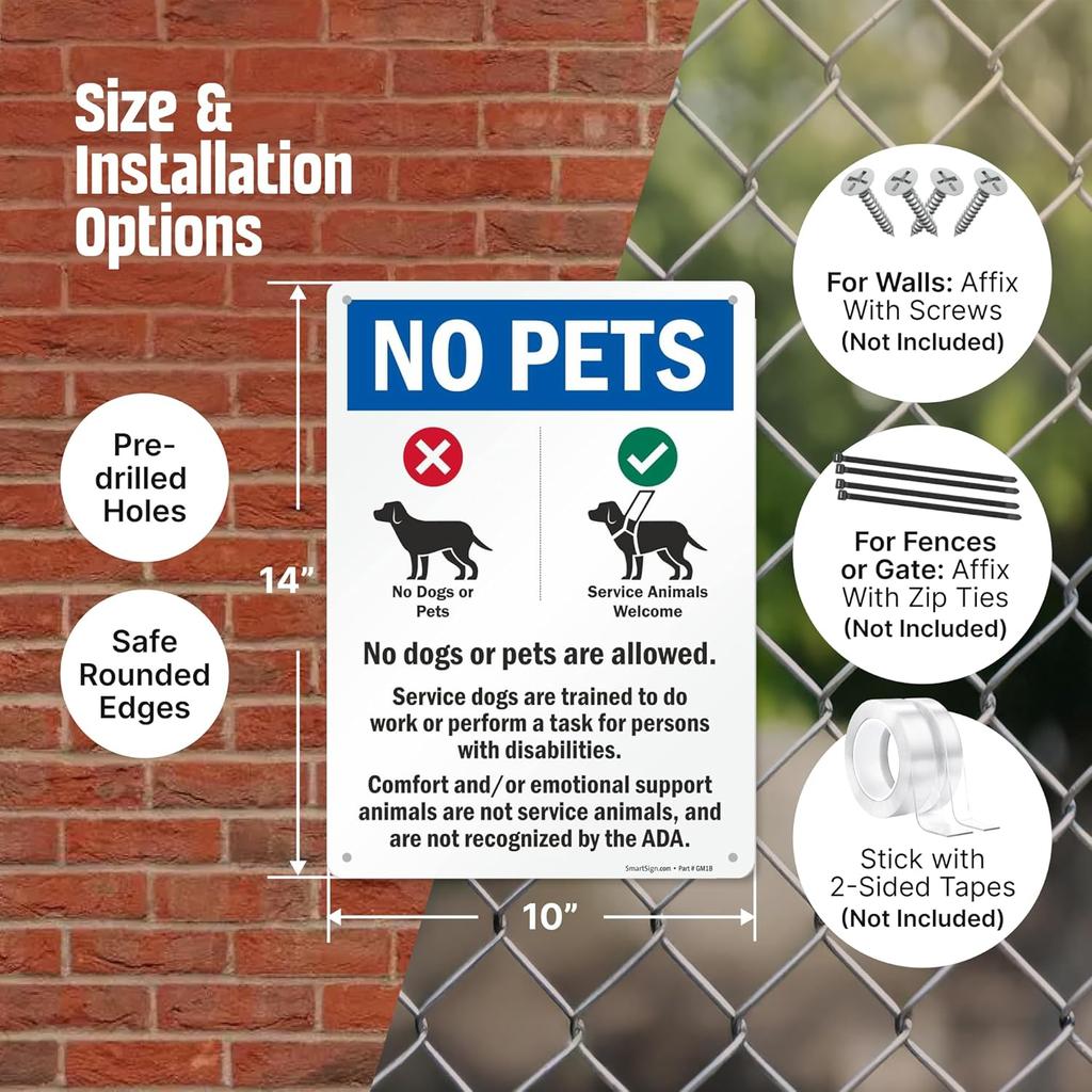 SmartSign 14 x 10 inch “No Pets - No Dogs Or Pets Allowed, Comfort/Emotional Support Animals Not Service...” Metal Sign, 40 mil Laminated