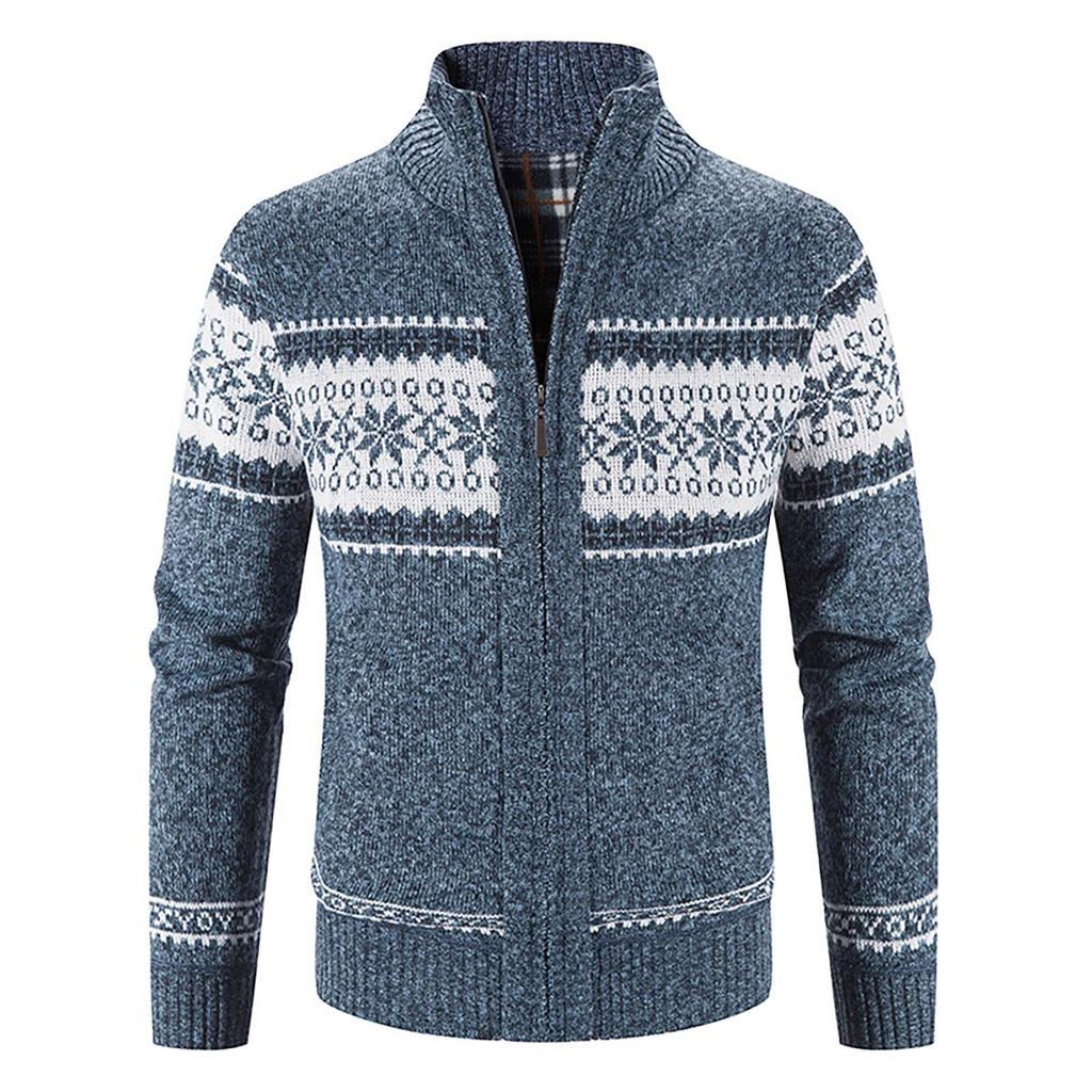Men's Casual Autumn Winter Zipper Sweater Stand Collar Printed Cardigan Tops Sweater Blouse Coat
