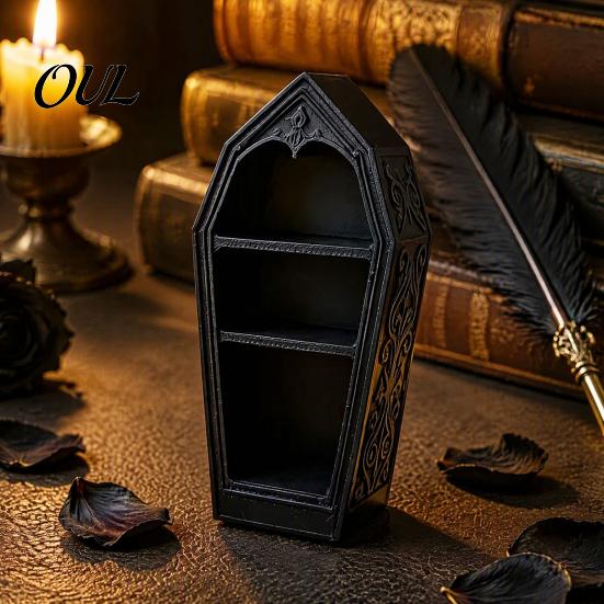 Compact Shelf for Miniature Figures Gothic Coffin-Shaped Jewelry Storage Box, 3D Printed Mini Casket Ring Small Desktop Organizer Collectibles Trinket