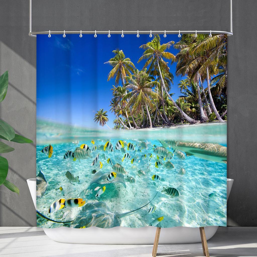Shower Curtain Waterproof And Mildew-Proof Coconut Tree Beach Beach Bathroom Shower Curtain Shower Curtain Partition Curtain Free Punching