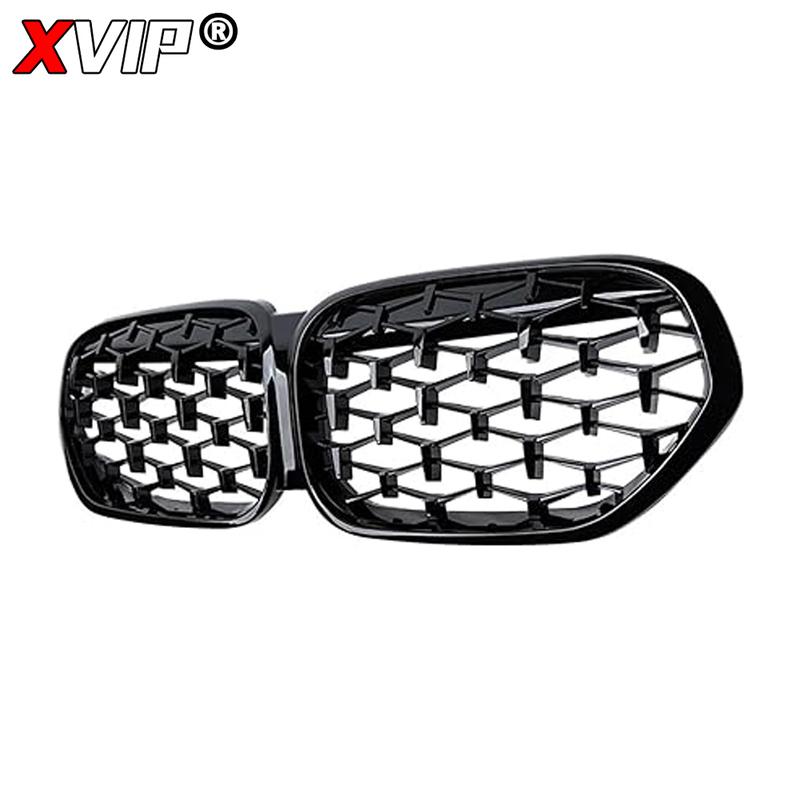 XVIP Carbon Fiber Look Double Line Style Front Racing Grills For BMW X1 F48 LCI 2020-2022 All Black Diamonds Style Upper Grilles
