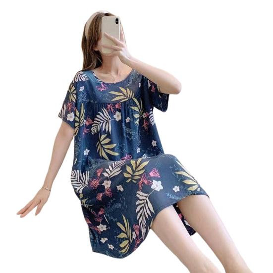 Женская ночная рубашка свободного покроя с цветочным принтом, круглым вырезом, плиссированная, с короткими рукавами, длиной до колена, домашняя одежда, повседневное платье миди, женская ночная рубашка, платье миди