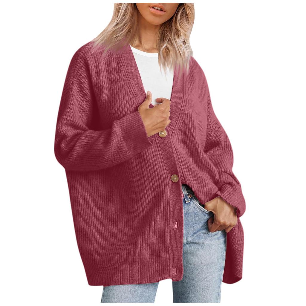 Women's Cardigan Front Oversized Button Lightweight Sweater V Neck Loose Cardigan Knitted Jacket