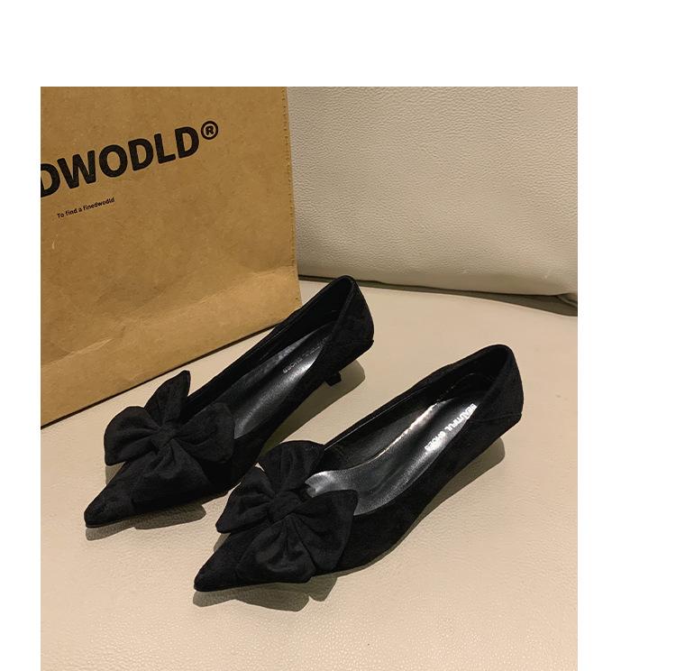 Французские замшевые туфли-лодочки с острым носком женские осень 2024 новая модель тонкий каблук универсальный темперамент бант профессиональные туфли для работы