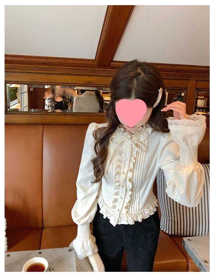 Cream Bagel French Sweet Age-Reducing Lace Ruffle Slimming Blouse - Women's Autumn Court Style Top