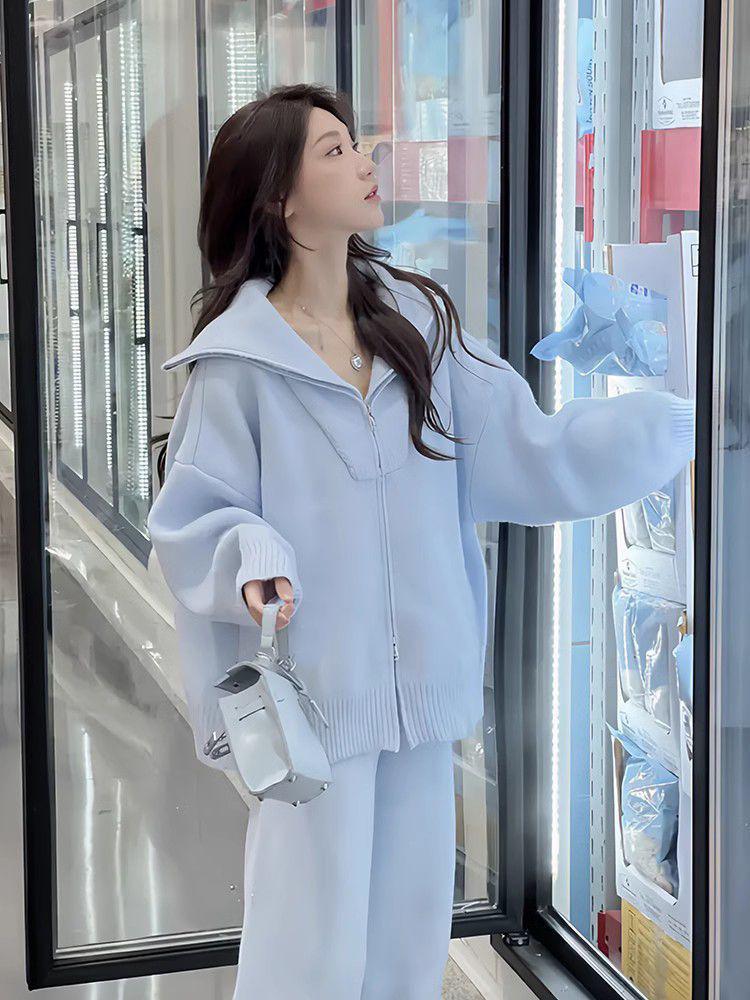 Комплект женской спортивной одежды в корейском стиле: Вязаный кардиган на молнии и широкие брюки для осени/зимы