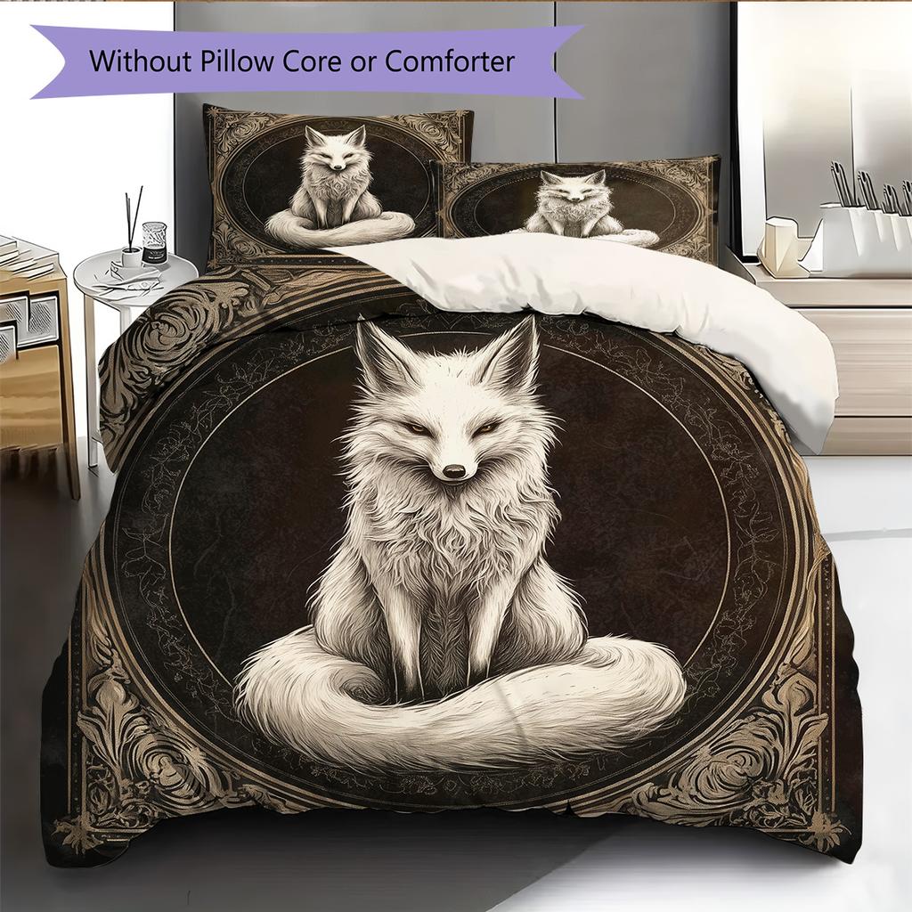 Black and white fox Pattern Bedding Quilt Set Quilt Cover Pillowcase Home Decoration Gift (1 * duvet cover + 2 * pillowcase, without core)