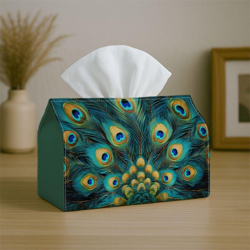 2D Flat 1pc Decorative Tissue Box with Peacock Feather Design, Made of Reusable And Washable Material, Featuring an Exotic Blue Green Eye Pattern, Sui