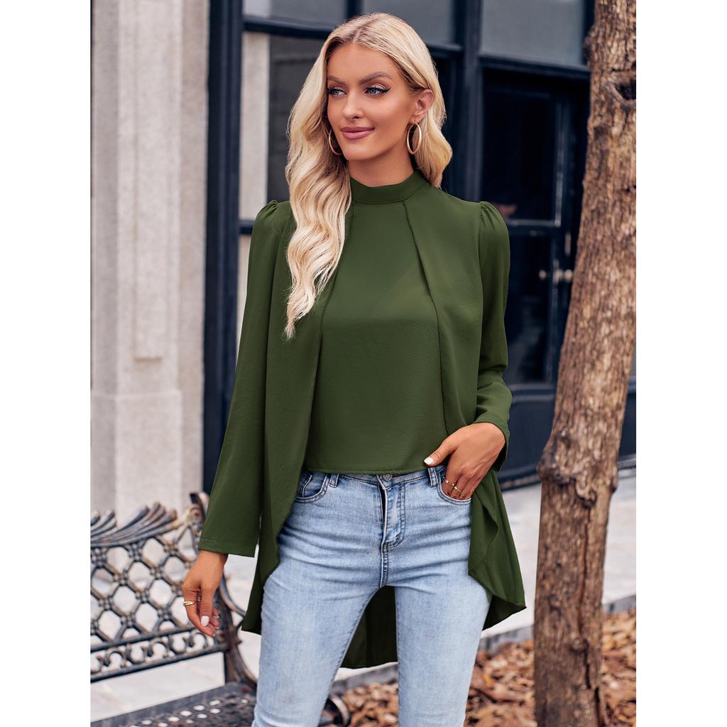 Повседневная женская модная однотонная рубашка с высоким воротником и длинными рукавами, пальто из искусственной кожи с двумя рубашками для женщин, элегантная женская одежда, осенняя одежда