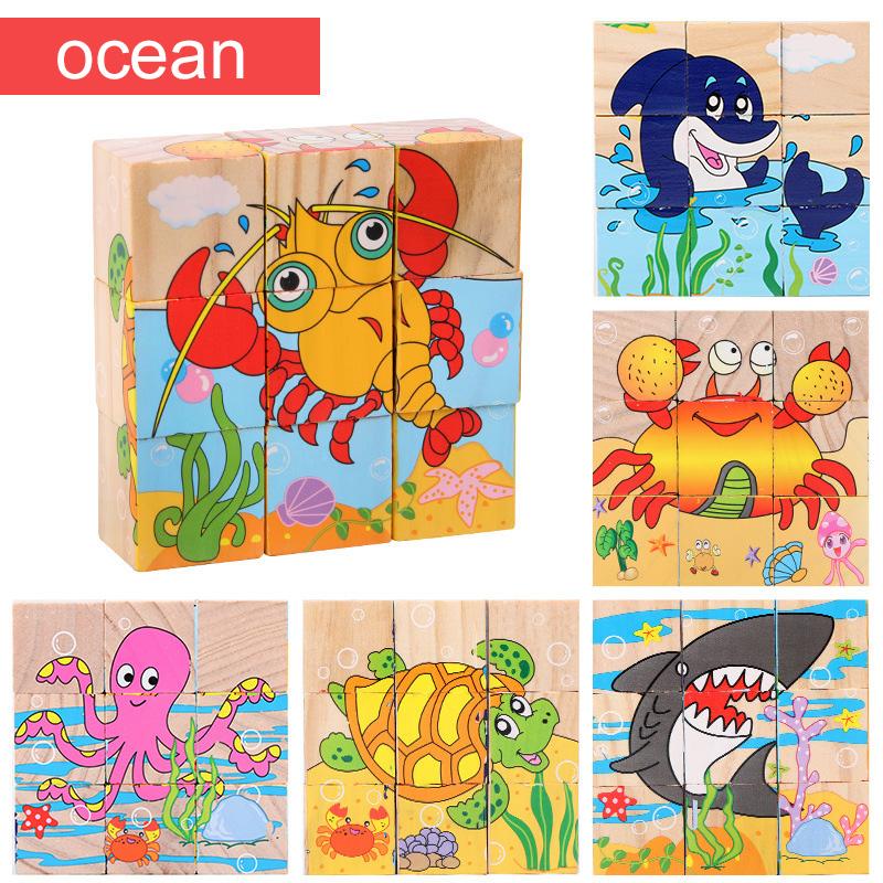 Деревянный пазл Шесть сторон раскрашены Трехмерный Пазл Транспорт Животные Строительные блоки Монтессори Игрушки для раннего развития TMZ