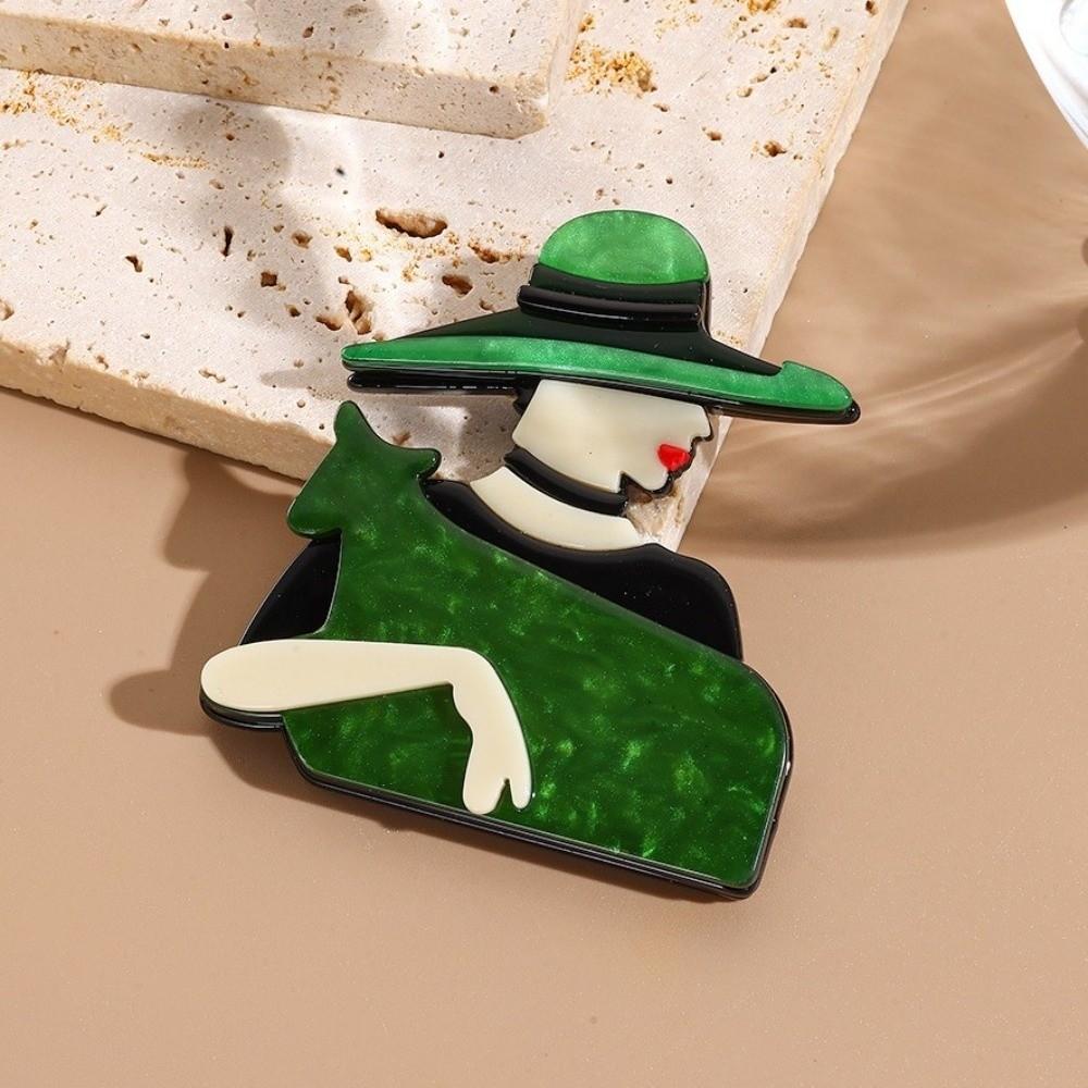 Large Women Portrait Pin Acrylic Coat Badge Cute Lady with Hat Brooch Clothing Accessories